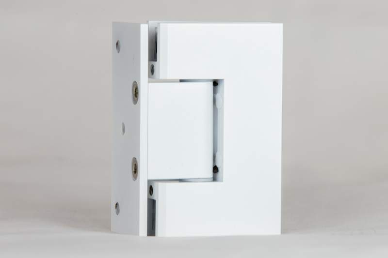 L-shaped hinges for glass-to-wall installations