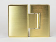 Indicative image of the product bevelled 180 degree glass to glass shower hinge in a satin chrome finish, actual product finish varies and is in the product title