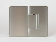 Indicative image of the product bevelled 180 degree glass to glass shower hinge in a satin chrome finish, actual product finish varies and is in the product title