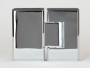 Indicative image of the product bevelled 180 degree glass to glass shower hinge in a satin chrome finish, actual product finish varies and is in the product title
