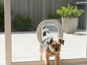 Silky terrier entering a house through a dog door embedded in glass