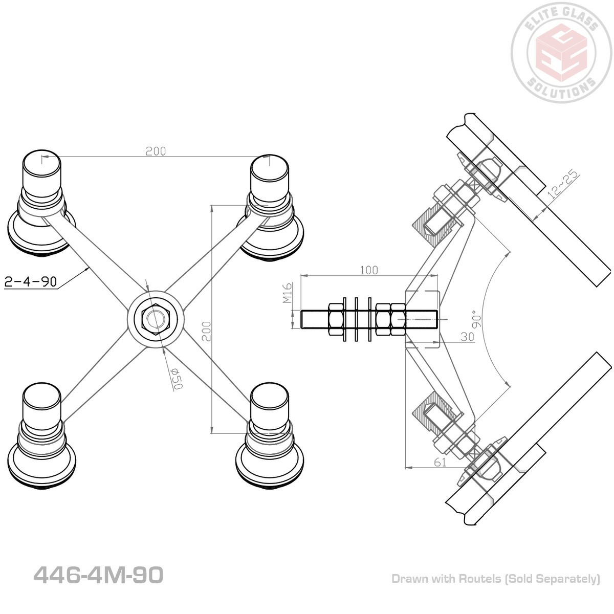 Spider Routels Heavy Duty Spider Fitting - 4 Way - 90 Degrees - Elite Glass Solutions