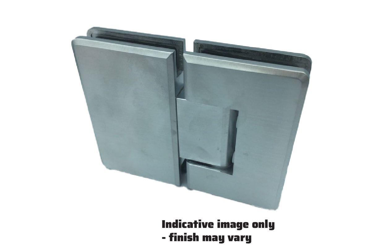 Indicative image of the product bevelled 180 degree glass to glass shower hinge in a satin chrome finish, actual product finish varies and is in the product title