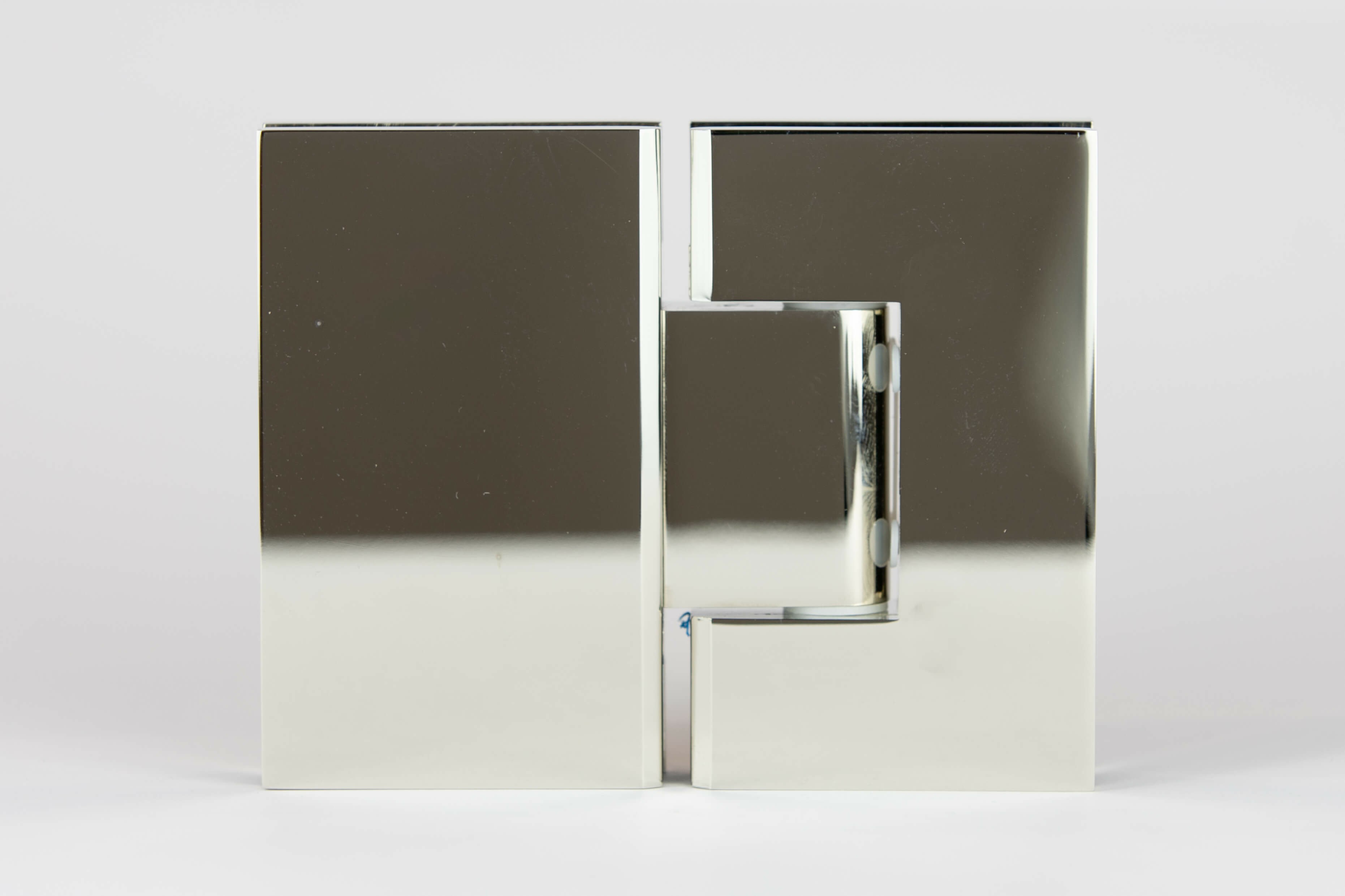 Polished nickel finish shower hinge for heavy duty glass to glass applications