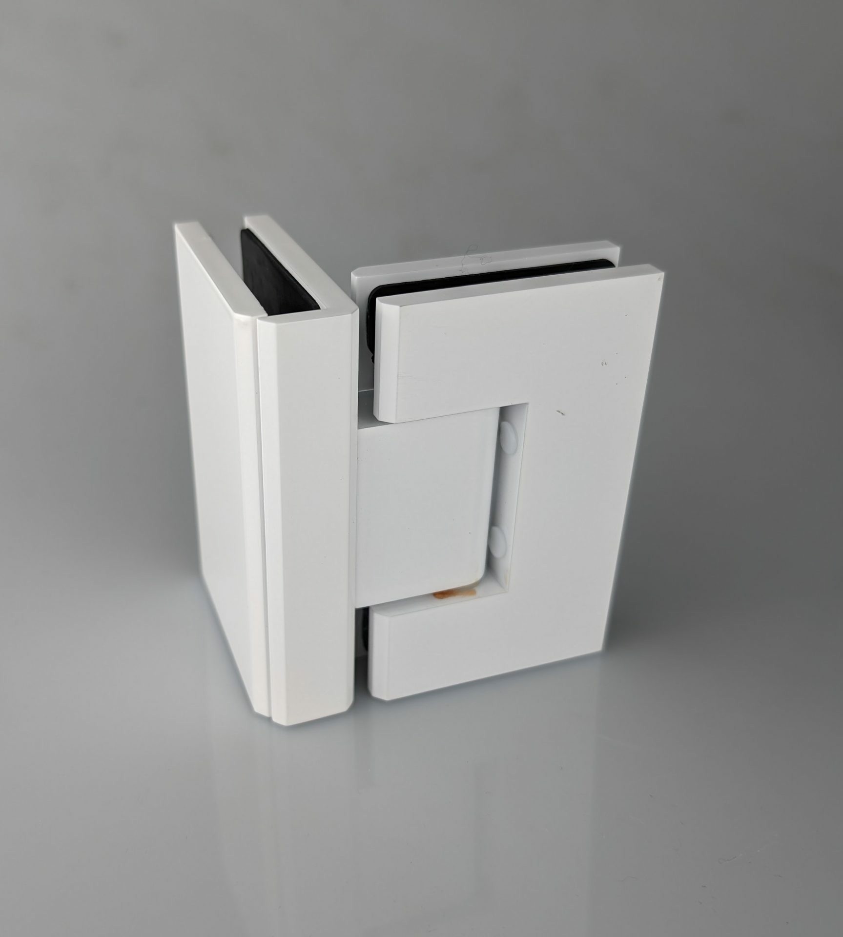 Matt White 90 degree hinge for glass to glass shower installation