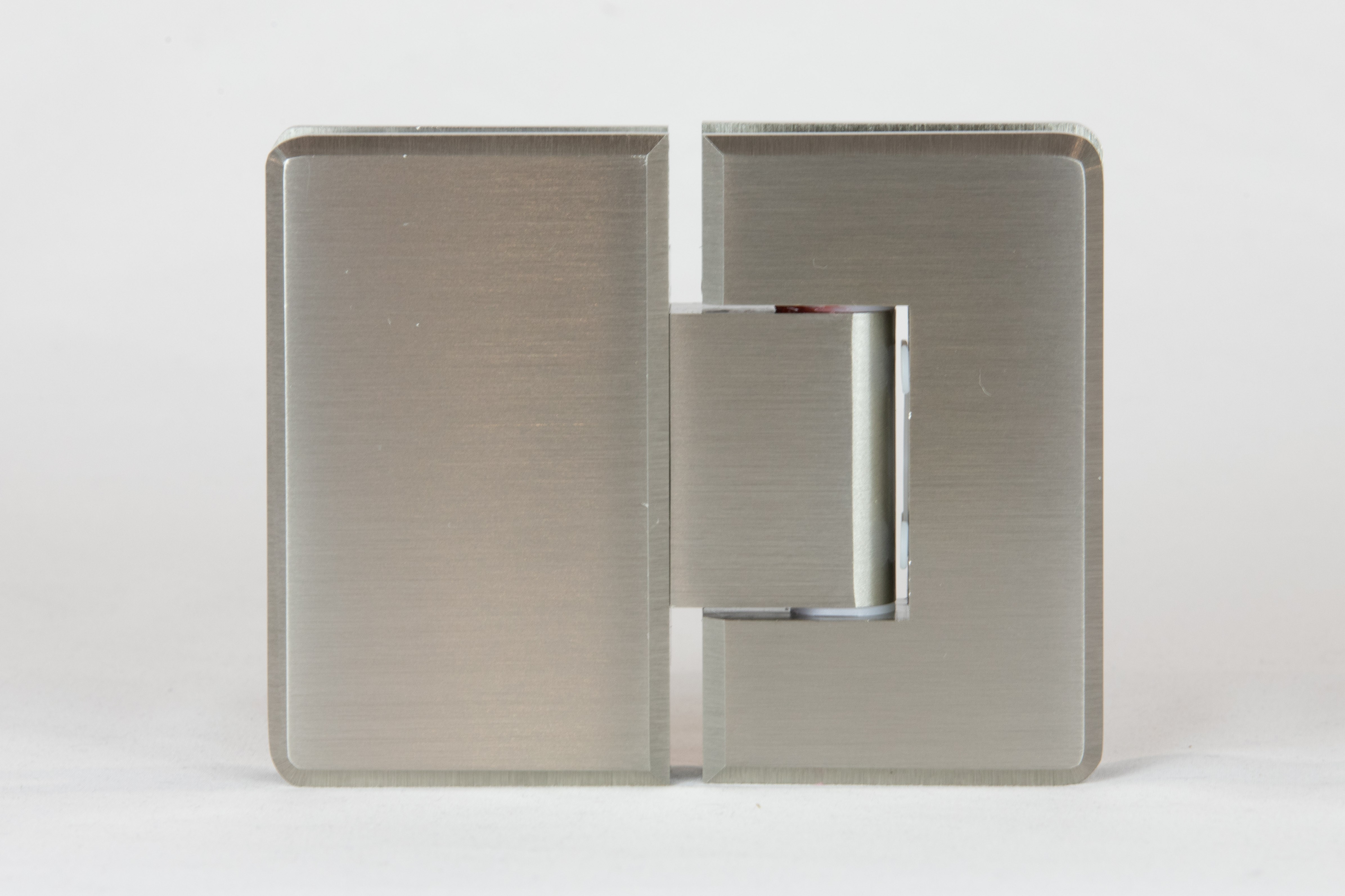 Indicative image of the product bevelled 180 degree glass to glass shower hinge in a satin chrome finish, actual product finish varies and is in the product title