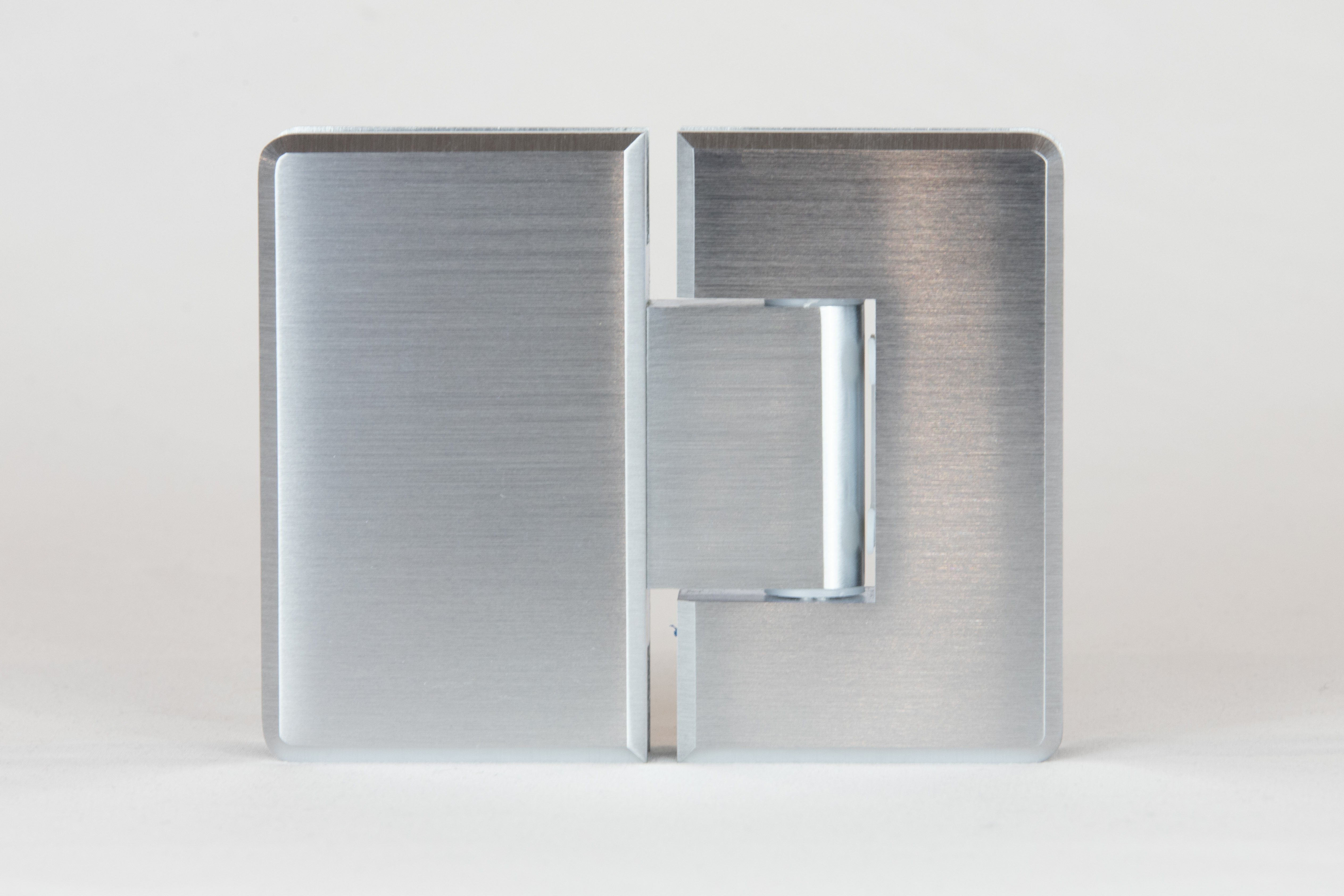 Indicative image of the product bevelled 180 degree glass to glass shower hinge in a satin chrome finish, actual product finish varies and is in the product title