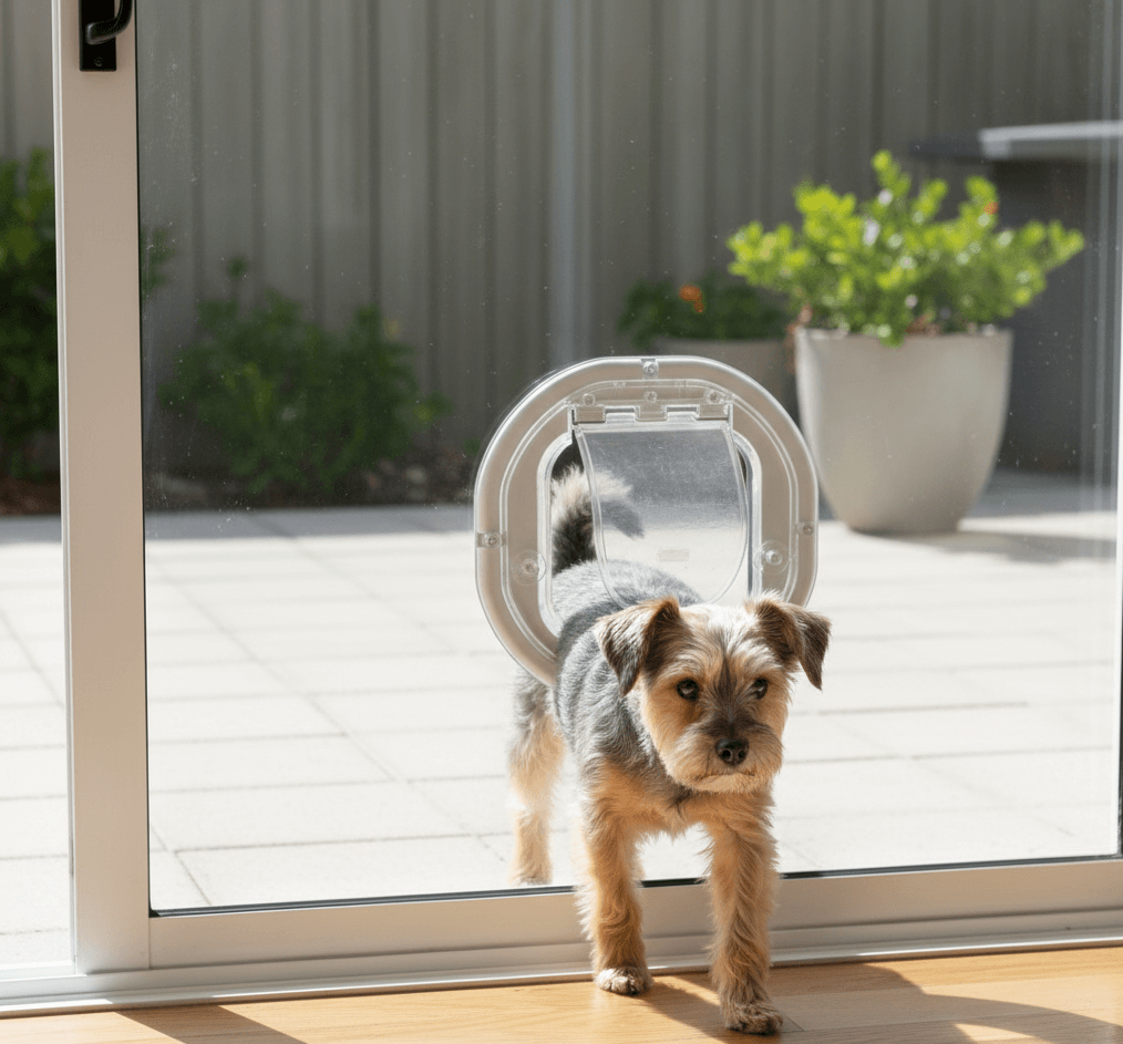Silky terrier entering a house through a dog door embedded in glass