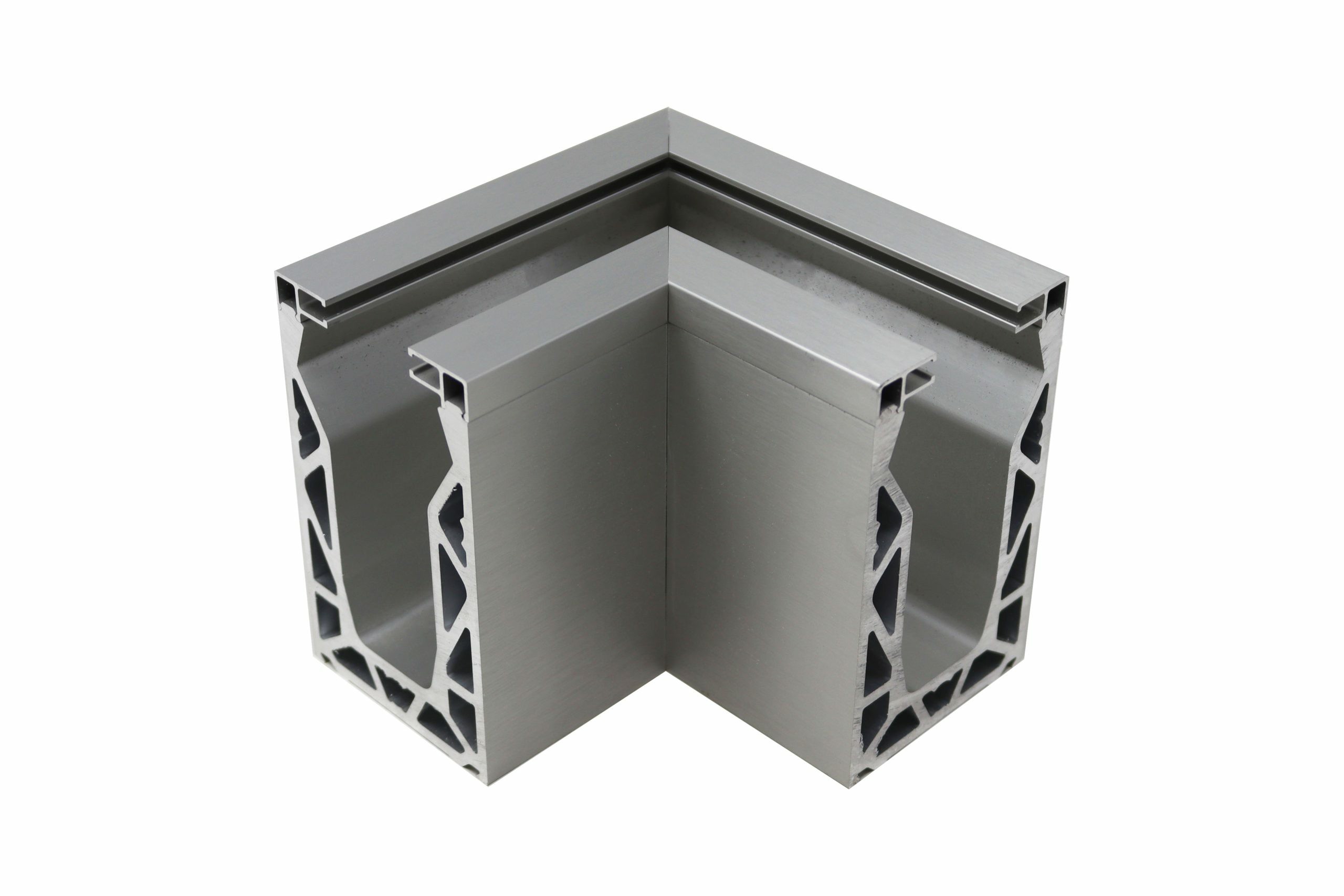 Base drilled channel corner for glass balustrades as a part of the POSIglaze system