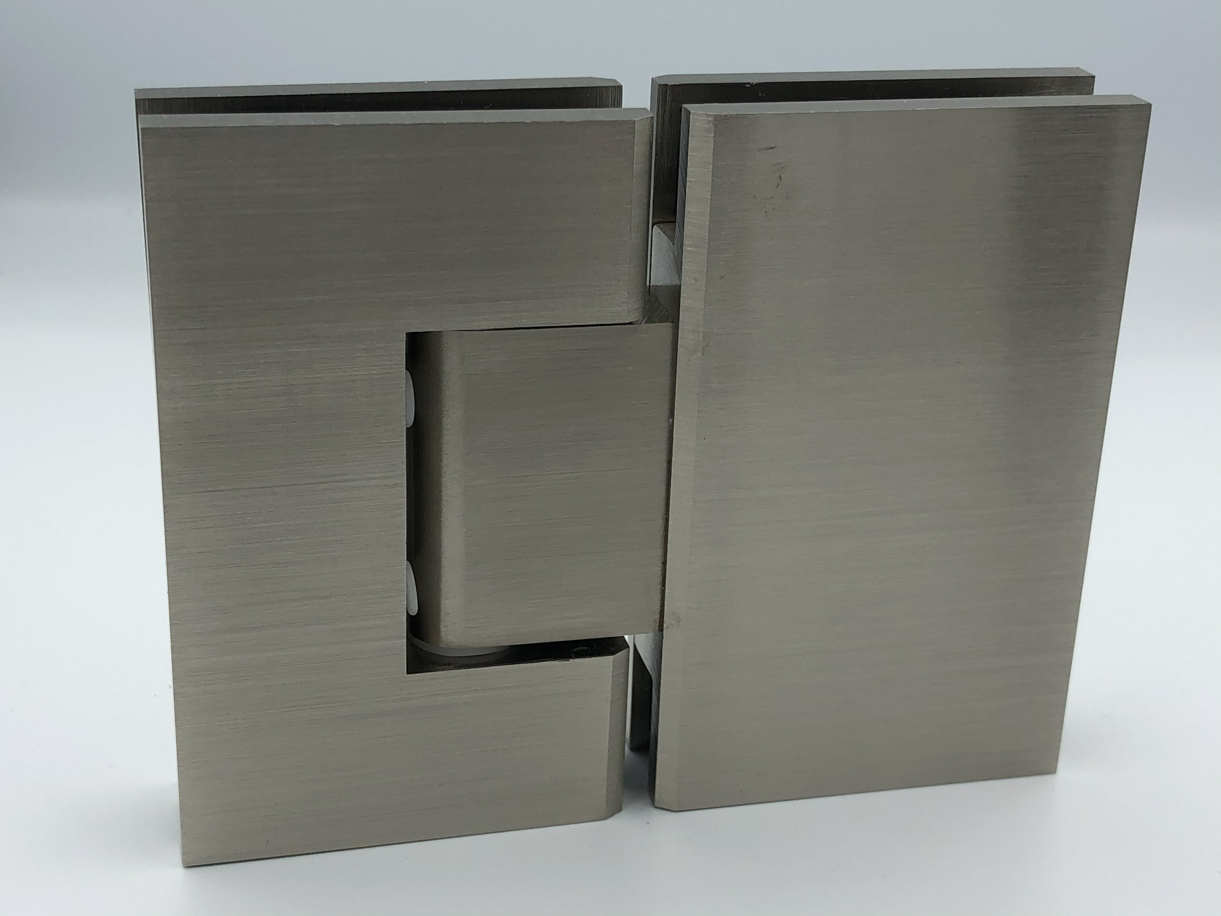 Brushed nickel heavy duty glass to glass shower hinge